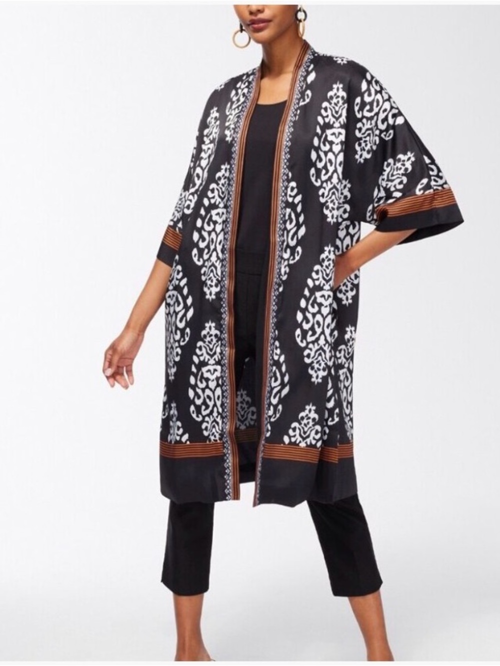 Chico's Black Open Silky Kimono Wrap with Orange Stripe and Ikat Pattern Pockets